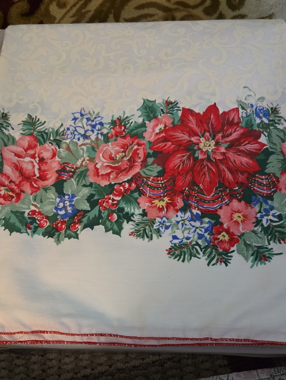 Vintage 1980's -90's Holiday Floral Table Cloth in Red and Green